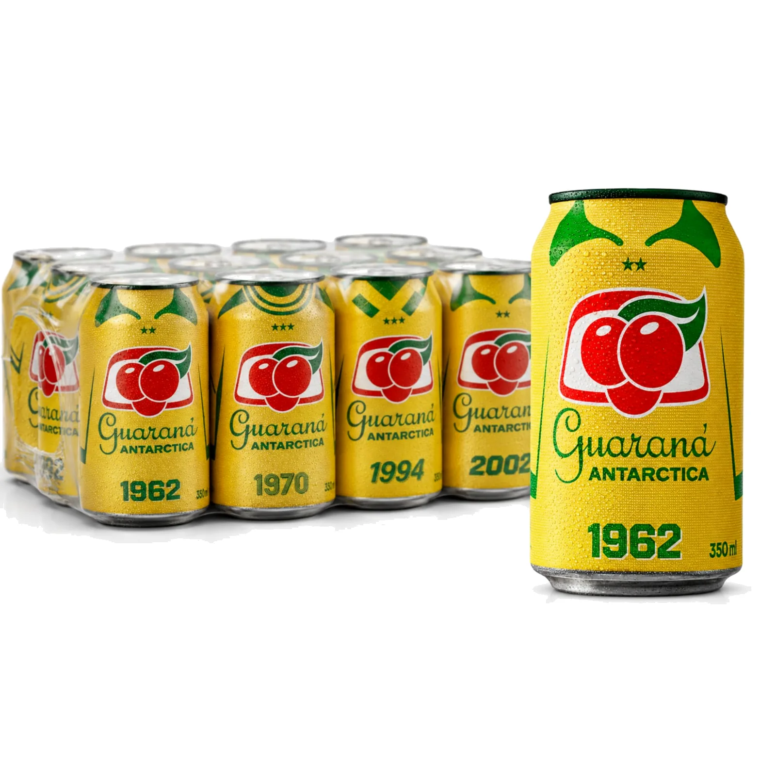 A 12-pack of yellow Guaraná Antarctica Original cans with one can in front