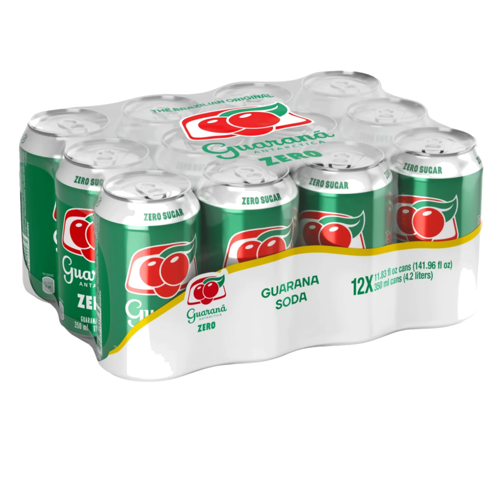 A 12-pack of green Guaraná Antarctica Zero Sugar cans