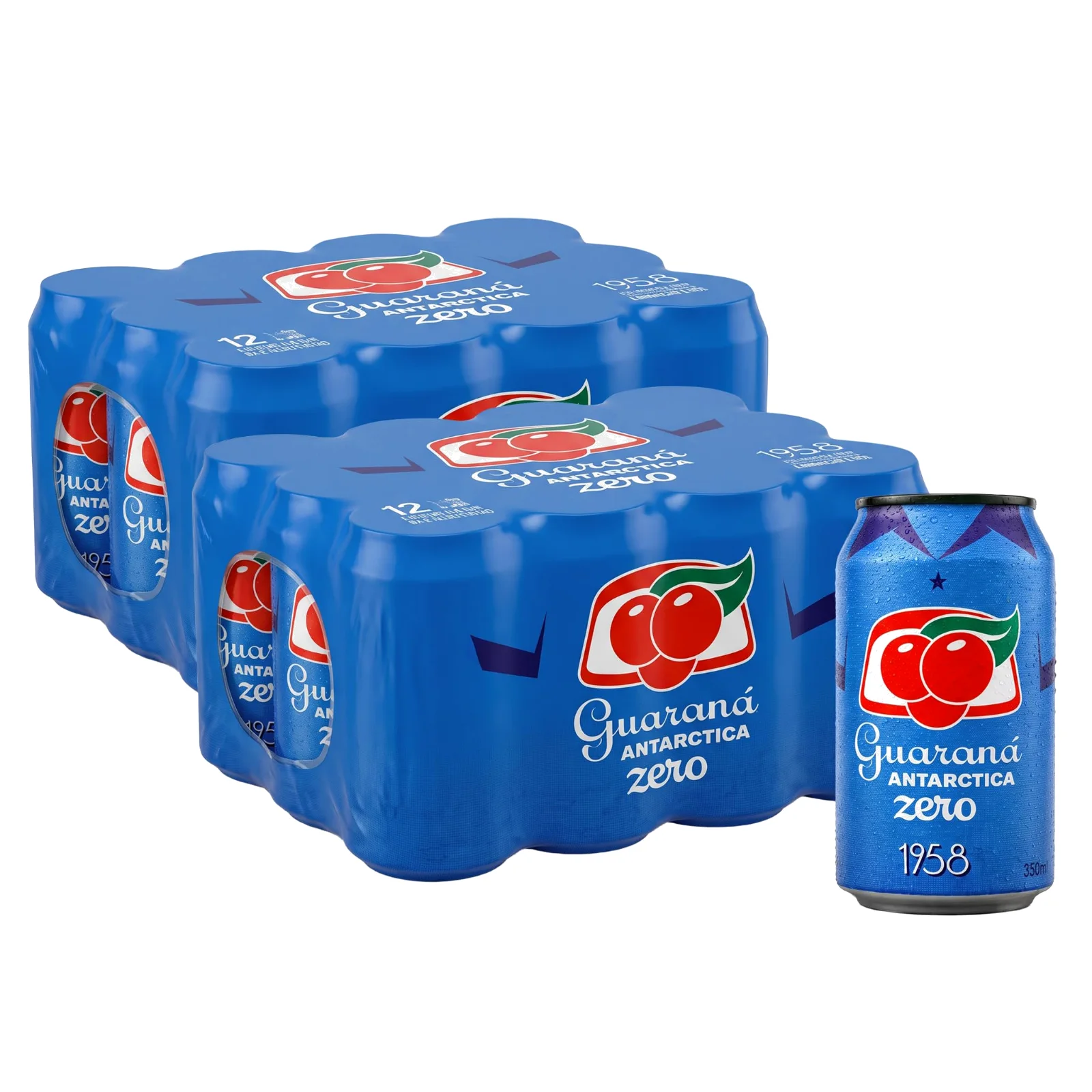 Two 12-packs of blue Guaraná Antarctica Zero cans with one can in front